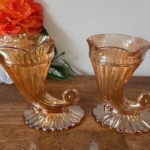 Jeanette Glass Marigold Carnival Glass Horn of Plenty Vases Pair Cornucopia Fall